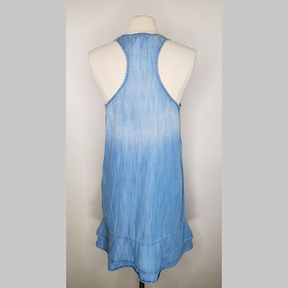 BELLA DAHL Blue Chambray Dress Size L Side-Stripe Racerback Flounce V-Neck - Picture 2 of 15